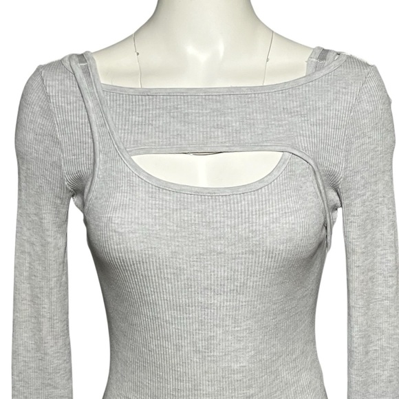 Citizens of Humanity Dasha Bodysuit Gray Rib Knit Cut Out Long Sleeve Size Small - Picture 4 of 11